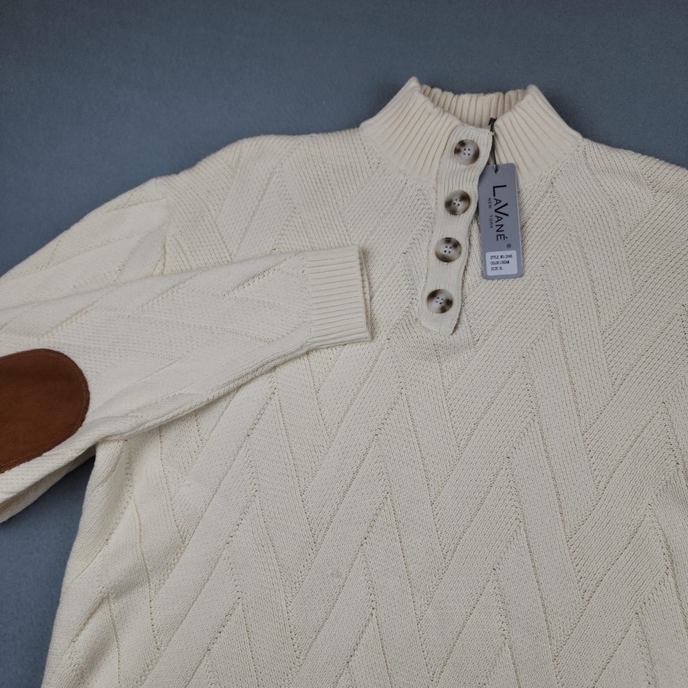 Lavane Sweater Mens XL White Mock Neck Henley Cable Knit Elbow Patch Pullover